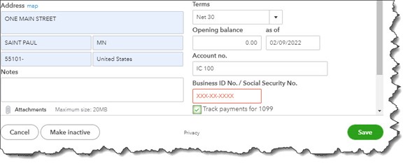 You can complete the Vendor Information window for each independent contractor, checking the box in front of Track payments for 1099.