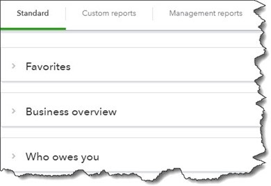 A partial view of the list of QuickBooks Online’s Standard reports